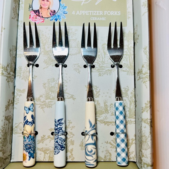 Dolly Parton Other - 4 Dolly Parton Ceramic Handle Appetizer Forks Blue Flowers Gingham Butterfly